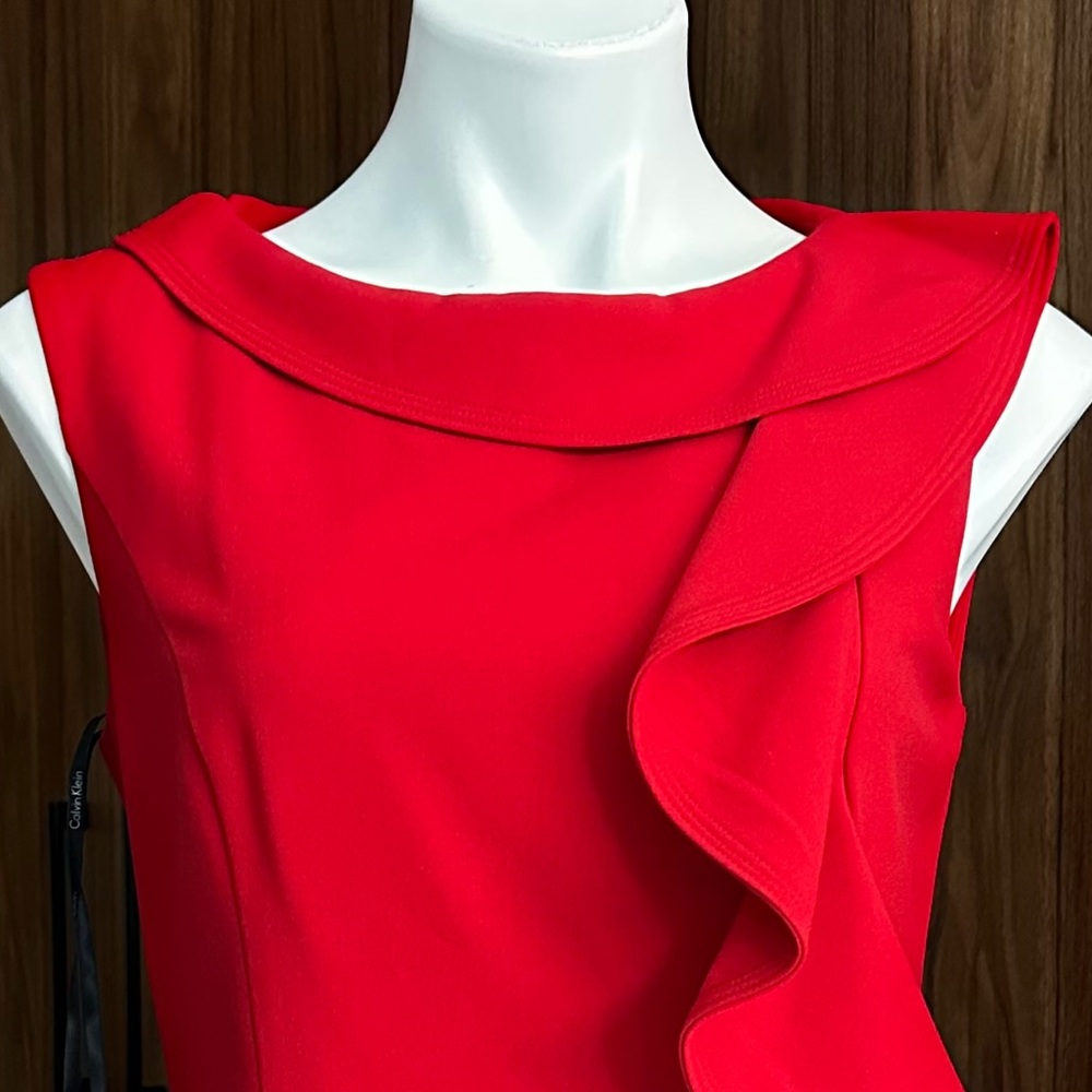 Calvin Klein Red Formal Classy Midi Length Sheath Fitted Ruffle Front Size 8 - Picture 10 of 11